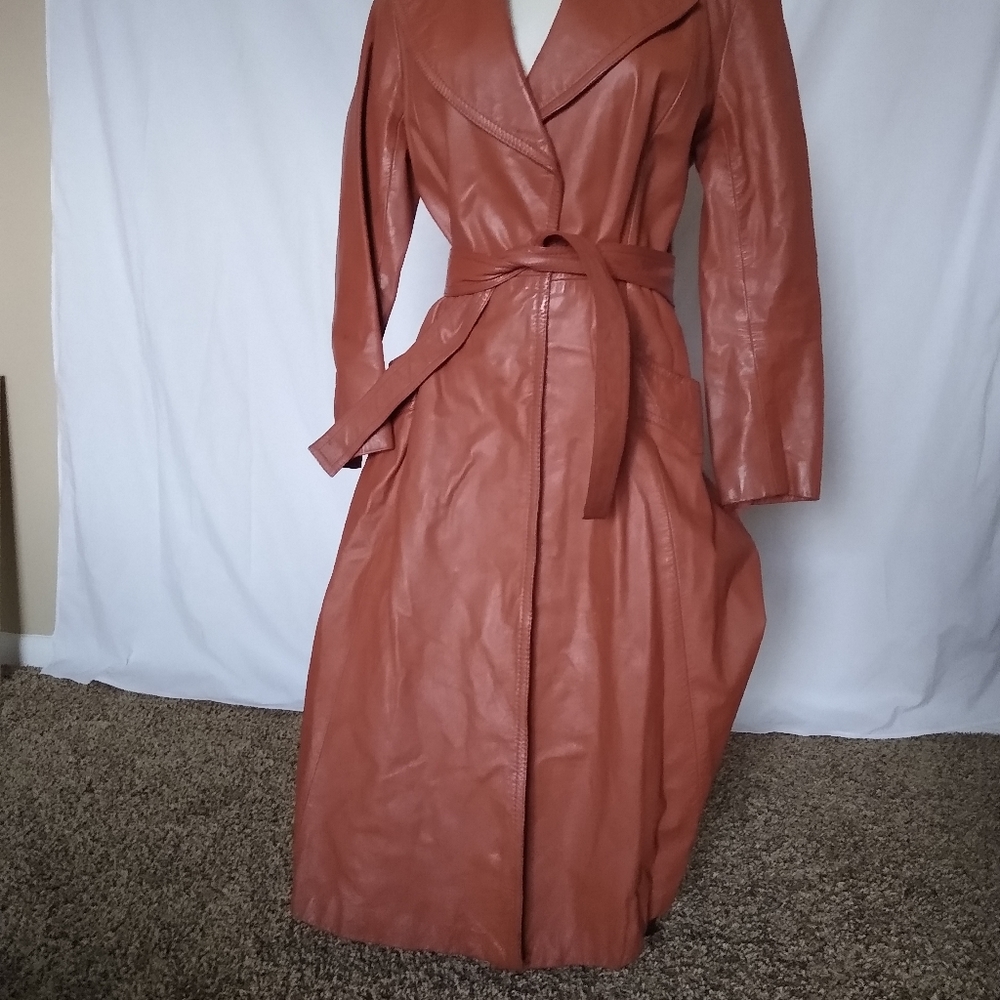 Vintage Leather Trench Coat Open Tie Close Burnt Orange by P.B.D. International - Picture 3 of 14